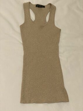 Ribbed Metallic Tank Dress - Beige